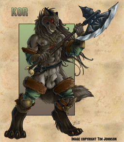 animal_genitalia anthro axe balls belt fully_sheathed genitals male melee_weapon nude sheath solo tail text tribal warrior weapon stasis_delirium canid canine canis kor mammal wolf english_text