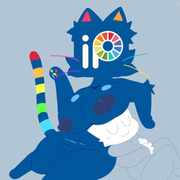 :3 alternate_species ambiguous_gender animal_ears areola arm_tuft belly big_breasts blue_areola blue_body blue_fur blue_nipples blue_paws blush blush_lines breast_on_head breast_squish breasts cat_tail cheek_tuft clothing darkened_areola darkened_nipples duo elbow_tuft eyes_closed facial_tuft female fur furrification glistening glistening_belly glistening_breasts hoodie huge_breasts ibispaint_logo logo_face markings multicolored_pawpads nipples nude orange_inner_ear pawpads paws rainbow_pawpads rainbow_stripes rainbow_whiskers red_inner_ear squish striped_markings striped_tail stripes tail tail_markings topwear tuft white_body white_fur white_paws snazzle_snapp ibispaint_(copyright) domestic_cat felid feline felis mammal 1:1 hi_res