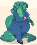 anthro belly big_breasts blue_eyes breasts curvy_figure female gloves_(marking) long_tail markings non-mammal_breasts nurse simple_background slightly_chubby solo tail thick_thighs voluptuous wide_hips yellow_sclera javanshir becky_(javanshir) cobra reptile scalie snake 2019