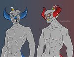 blue_eyes drinking_straw duo gold_(metal) gold_tooth horn looking_at_viewer male male/male not_furry nude red_eyes simple_background smile teeth yellow_sclera sws37sisters cuphead_(game) cuphead_(character) mugman humanoid brother_(lore) brothers_(lore) sibling_(lore)