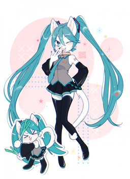 alternate_species anthro blue_eyes blue_hair chibi clothed clothing collar female female_anthro front_view fur furrification hair long_hair open_mouth open_smile pose qr_code simple_background smile solo standing text whiskers white_body white_fur sonyan vocaloid hatsune_miku felid feline mammal artist_name hi_res