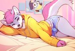 anthro bed bottomwear bulge clothing femboy fur furniture grey_body grey_fur hair half-closed_eyes hoodie hotpants lying lying_on_bed male multicolored_body multicolored_fur narrowed_eyes on_bed on_side pink_hair shorts smile solo topwear two_tone_body two_tone_fur white_body white_fur lukiro bluey_(series) bluey_heeler canid canine fox mammal hi_res