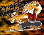 action_pose anthro barefoot claws clothing feet female open_mouth pawpads pose solo teeth text yuriyuri_(ccc) dreamworks kung_fu_panda master_tigress felid mammal pantherine tiger 2014 english_text