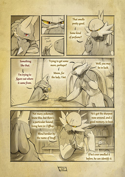 5_fingers anthro bartender beverage biped cloak clothing dialogue drinking duo fingers fur hand_spike inside male open_mouth orange_eyes page_number red_eyes sitting sniffing spikes spikes_(anatomy) tail text vial yellow_sclera truescorn nintendo pokemon pokemon_mystery_dungeon spike_chunsoft asche_(truescorn) generation_4_pokemon generation_7_pokemon generation_8_pokemon lucario passimian pokemon_(species) snom 2026 comic english_text hi_res