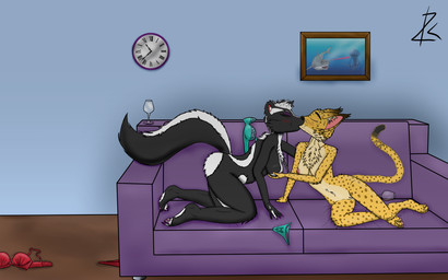 5_fingers alcohol anthro barely_visible_genitalia barely_visible_vulva bent_over beverage big_breasts biped blush blush_lines bodily_fluids bra bra_on_floor breasts carpet chest_tuft claws clitoris clock clothed clothing clothing_around_one_leg clothing_aside container cup digitigrade dipstick_tail discarded_clothing discarded_underwear drinking_glass dripping_wet duo empty_glass eyes_closed faucet feet female female/female fingers fluffy fluffy_tail fur furniture genital_fluids genitals glass glass_container glass_cup hand_holding hanging_breasts inner_ear_fluff inside kiss_on_lips laughing_at_another lingerie lingerie_panties markings multicolored_body multicolored_fur navel nipples nude on_one_leg on_sofa open_mouth painting_(object) panties panties_around_one_leg panties_aside panties_down partially_clothed pink_nipples pink_nose red_tongue smile sofa spots spotted_body spotted_fur standing tail tail_markings teeth thick_thighs toe_claws tongue tongue_out tuft two_tone_body two_tone_fur underwear underwear_around_one_leg underwear_aside underwear_down underwear_on_floor vaginal_fluids vulva wet white_markings wine wine_glass zk-fur mariposa_(zk-fur) skyly_(zk-fur) felid leopard mammal mephitid pantherine skunk 16:10 hi_res widescreen