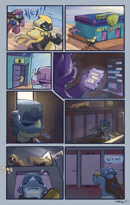 ambiguous_gender anthro bathroom duo male public_restroom restroom_stall running text rfantasy_art ceratopsian ceratopsid chasmosaurine dinosaur marginocephalian ornithischian prehistoric_species reptile scalie triceratops comic english_text hi_res