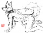 all_fours anthro armpit_hair bdsm body_hair bondage bound collar leash male simple_background solo tail white_background java canid canine canis domestic_dog mammal greyscale monochrome sketch spot_color