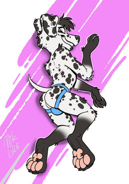 anthro balls_outline bulge butt clothed clothing detailed_bulge feet fingers fur genital_outline genitals jockstrap jockstrap_only looking_at_viewer lying male markings on_side pawpads simple_background smile solo spots tail teeth toes topless topless_anthro topless_male underwear underwear_only white_body white_fur nikraccoom canid canine canis dalmatian domestic_dog mammal digital_media_(artwork) hi_res