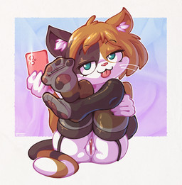 5_fingers anthro anus black_clothing black_ears black_eyebrows black_legwear black_pawpads black_stockings black_tail brown_tail butt cellphone clothing electronics eyebrows feet female female_anthro fingers foot_focus fur garter_straps genitals hair head_tilt holding_cellphone holding_object holding_phone holding_smartphone humanoid_genitalia humanoid_hands humanoid_vulva inner_ear_fluff legs_up legwear looking_at_viewer markings mostly_nude mostly_nude_anthro mostly_nude_female multicolored_pawpads multicolored_tail orange_ears orange_hair pawpads phone pink_nose pink_pawpads pink_tongue ring_(marking) ringed_tail selfie sitting smartphone solo spread_toes stockings striped_markings striped_tail stripes tail tail_markings teal_eyes text toes tongue tongue_out translucent translucent_clothing translucent_legwear translucent_stockings tuft two_tone_pawpads vulva whiskers white_body white_fur white_inner_ear_fluff white_tail white_whiskers young young_anthro young_female onihidden calico_cat domestic_cat felid feline felis mammal 2026 absurd_res artist_name hi_res