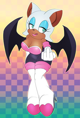 anthro bat_wings big_breasts breasts cleavage clothed clothing female footwear gesture hand_gesture high_heels licking licking_lips membrane_(anatomy) membranous_wings middle_finger pattern_background shoes simple_background solo tongue tongue_out wings saltorii sega sonic_the_hedgehog_(series) rouge_the_bat bat mammal hi_res