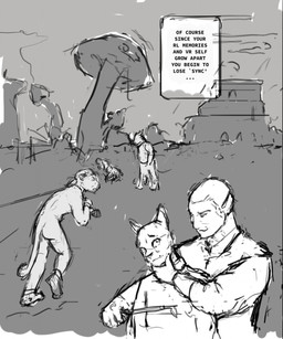 anthro black_text captured clothed clothing collar detailed_background frown fur group hair inspection kneeling male male/male nude outside slave standing text jeri_kleinlowe microsoft the_elder_scrolls dunmer felid feline humanoid khajiit mammal comic english_text greyscale hi_res monochrome