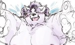 anthro bedding bedding_background blush clothed clothing eyebrows fur hair horn lying male on_back one_eye_closed pecs purple_hair smile solo thick_eyebrows topless white_body white_fur wink exe_exem lifewonders tokyo_afterschool_summoners behemoth_(tas) monster sketch