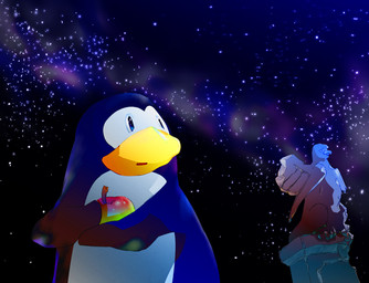 ambiguous_gender apple beak blue_body blue_feathers feathers feral food fruit holding_object multicolored_body plant sculpture semi-anthro solo statue toony two_tone_body white_body white_feathers antarctic_adventure penta_(antarctic_adventure) avian bird penguin