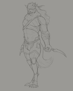 anthro armor bulge cheek_tuft claws clothed clothing ear_piercing ear_ring facial_tuft finger_claws front_view hair holding_knife holding_object knife long_hair male male_anthro mouth_closed obscured_eyes piercing ring_piercing simple_background solo standing teeth toe_claws tuft aduran canid canine mammal absurd_res full-length_portrait hi_res monochrome portrait sketch