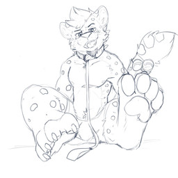 accessory anthro beard biped cheek_tuft claws collar eyebrows facial_hair facial_tuft fangs feet foot_focus front_view fur furgonomics hair inner_ear_fluff leash looking_at_viewer male markings navel open_mouth pawpads raised_eyebrow short_hair sitting solo spots spotted_arms spotted_body spotted_fur spotted_legs tail tail_accessory tailband teeth tongue tuft pache_riggs felid leopard mammal pantherine 1:1 black_and_white hi_res monochrome sketch