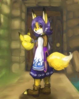 alternate_species anthro biped clothed clothed_anthro clothing detailed_background dipstick_ears door ear_markings fur furrification hair holding_mask holding_object male markings mask multicolored_ears outside purple_hair solo standing tail yellow_body yellow_fur salihombox majora's_mask nintendo the_legend_of_zelda kafei canid canine fox mammal 2010 digital_media_(artwork) japanese_description