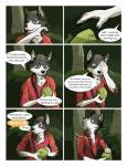 anthro black_nose blue_eyes canid canine canis cel_shading claws clothing coconut comic countershade_face countershading covering_own_face detailed_background dialogue domestic_dog dress_shirt drupe_(fruit) edesk english_text food forest fruit fur gloves_(marking) grey_body grey_fur hi_res husky male mammal markings motion_lines nature nordic_sled_dog offscreen_character open_mouth open_smile plant profanity shaded shirt smile solo speech_bubble spitz stephen_(sisco) text topwear tree unknown_text white_body white_fur