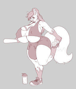 anthro big_breasts breasts bulge butt clothed clothing erect_nipples exercise gynomorph huge_breasts hyper hyper_breasts intersex nipples smile solo wide_hips workout boosterpang tekniqua canid canine fox mammal 2017 hi_res monochrome