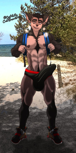 abs anthro backpack beach big_bulge bodily_fluids body_hair bulge chest_hair clothing countershading detailed_background detailed_bulge erection erection_under_clothing eye_scar facial_scar fingerless_(marking) footwear genital_outline hair happy_trail looking_at_viewer male muscular muscular_male penis_outline red_eyes scar seaside shoes short_hair solo sweat castbound russell_(castbound) canid canine canis domestic_dog mammal 1:2 hi_res
