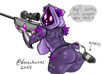 :3 anthro butt butt_grab clothed clothing duo female female/female gun hand_on_butt hoodie nipple_outline pink_eyes purple_body ranged_weapon rifle sniper_rifle text topwear weapon nenechucks epic_games fortnite meow_skulls raven_team_leader bear felid feline mammal english_text