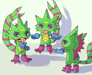 anthro blep green_body green_scales grey_eyes group humor male markings scales striped_markings striped_tail stripes tail tail_markings tongue tongue_out trio floweyr000 bandai_namco digimon digimon_beatbreak spider-man_pointing_at_spider-man digimon_(species) gekkomon scalie meme