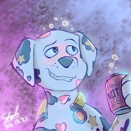 beverage beverage_can blush bubble collar drunk drunk_bubble feral male solo sticker stickers_on_body substance_intoxication superspyshak paw_patrol marshall_(paw_patrol) canid canine canis dalmatian domestic_dog mammal 1:1
