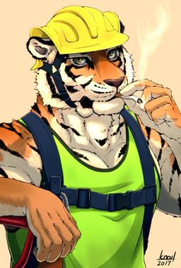 anthro armor black_body black_fur cigarette clothed clothing construction_worker fur green_eyes hard_hat harness headgear helmet looking_at_viewer male muscular muscular_anthro muscular_male orange_body orange_fur shirt simple_background smoke smoking solo stripes tank_top topwear white_body white_fur worker knoll-noru felid mammal pantherine tiger 2017