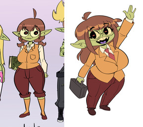 ahoge big_breasts bottomwear breasts brown_bottomwear brown_clothing brown_hair brown_pants brown_shirt brown_topwear clothing ear_piercing eyelashes eyewear fangs female female_humanoid glasses green_body green_skin hair holding_suitcase huge_breasts long_hair looking_at_viewer open_mouth pants piercing purple_tongue raised_arm round_glasses shirt shortstack shortstack_female smile standing suitcase teeth thick_thighs tongue topwear wide_hips 20pesos_sopa lula_(20pesos_sopa) goblin humanoid absurd_res hi_res