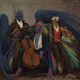 3_toes 4_toes 5_fingers abs anthro barefoot beak blue_body blue_feathers bowed_string_instrument cello clothed clothing detailed_background feathered_wings feathers feet fingers group male musical_instrument sitting standing string_instrument tail text toes violin wings honovy mythology avian bird dinosaur dragon dromaeosaurid feathered_dragon feathered_scalie mythological_creature mythological_scalie parrot prehistoric_species reptile scalie theropod 1:1 2020 digital_media_(artwork) hi_res url