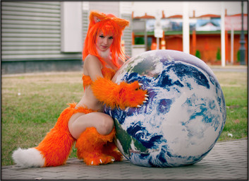 clothing cosplay costume female fursuit fursuiting globe holding_planet human_only looking_at_viewer not_furry real solo tail world enjinight firefox mozilla human mammal grandfathered_content hi_res photography_(artwork)