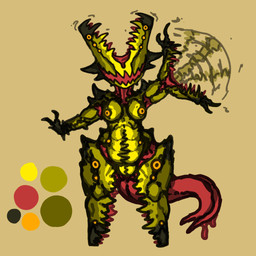 black_eyes breast_eyes breasts female front_view gesture green_body multi_eye orange_sclera pink_body pink_tail sharp_teeth simple_background solo tail tan_background teeth thick_thighs waving waving_at_viewer wide_hips trenchkaiju humanoid monster monstrous_humanoid 1:1 hi_res