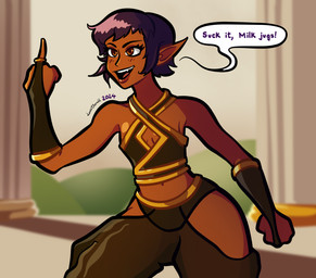 bottomwear breasts cleavage_cutout clothing cutout dialogue female gesture hair hand_gesture middle_finger midriff navel not_furry pointy_ears short_hair slim small_breasts solo text translucent translucent_bottomwear translucent_clothing loucha96 tittie_tussle minnie_(tittie_tussle) dark_elf elf humanoid absurd_res english_text hi_res