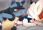 anthro blush bodily_fluids cinderace drooling duo eye_roll generation_4_pokemon generation_8_pokemon hi_res lagomorph lucario male male/male mammal nintendo open_mouth pokemon pokemon_(species) saliva saliva_on_tongue saliva_string stuck tears through_wall tongue tongue_out yousan