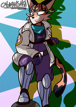 anthro belt big_breasts blue_eyes boots breasts clothed clothing ear_piercing ear_ring female female_anthro fingerless_gloves footwear fur gesture gloves grey_clothing grey_jacket grey_topwear hand_gesture handwear jacket kerchief markings metal_boots orange_body orange_fur piercing purple_clothing purple_gloves purple_handwear purple_suit ring_piercing shoes simple_background smile smirk solo spots spotted_body spotted_fur suit thumbs_up topwear white_body white_fur cabimangaka nintendo star_fox miyu_(star_fox) felid feline lynx mammal absurd_res hi_res shaded signature