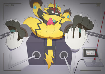 3_toes anthro anus balls bdsm black_body black_fur blue_eyes blush bodily_fluids bondage bound butt chain computer electronics erection feet fur genitals machine male pawpads paws penis predicament_bondage recording solo tears teeth text tickle_torture tickling tickling_machine toes yellow_body yellow_fur altz nintendo pokemon generation_7_pokemon legendary_pokemon pokemon_(species) zeraora 2020 hi_res japanese_text