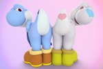 2016 3:2 3d_(artwork) ambiguous_gender anthro cinnamoncookies clothing cloud_(breakingcloud) cyan_yoshi digital_media_(artwork) duo footwear heart_(marking) hi_res ian_(breakingcloud) looking_at_viewer looking_back mario_bros markings nintendo nude pink_background raised_tail rear_view red_eyes scalie shoes simple_background tail white_yoshi yoshi