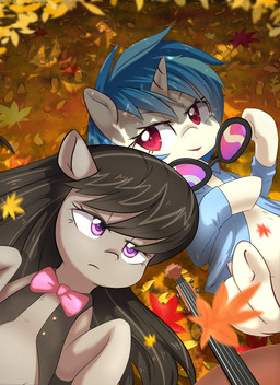autumn black_hair blue_hair bow_(feature) bow_tie bowed_string_instrument cello clothing detailed_background duo eyebrows eyelashes eyewear female feral frown glasses hair horn leaf looking_at_viewer lying makeup mascara mostly_nude musical_instrument on_back open_mouth open_smile outside purple_eyes shirt short_hair smile string_instrument topwear vest aymint friendship_is_magic hasbro my_little_pony mythology octavia_(mlp) vinyl_scratch_(mlp) earth_pony equid equine horse mammal mythological_creature mythological_equine pony unicorn 2015 hi_res portrait