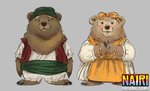 anthro black_nose blush brown_body brown_fur clothed clothing duo fur simple_background text homebearstudio you_miichi nairi:_rising_tide nairi_(series) babu_(nairi) bibi_(nairi) bear mammal 2020 hi_res official_art