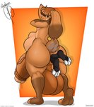 4_toes abdominal_bulge almost_fully_inside anal anal_vore anthro anus balls big_balls big_penis black_body border butt countershading duo feet freckled_butt freckles genitals green_body green_countershading head_first huge_balls huge_penis humanoid_genitalia humanoid_penis hyper hyper_balls hyper_genitalia hyper_penis looking_at_viewer looking_back looking_back_at_viewer male nude orange_background penis puffy_anus simple_background toes vein veiny_penis vore white_body white_border bunnyboi0108 freckles_(artist) soto_(freckles) sundance lagomorph leporid mammal rabbit 2025 absurd_res artist_collaboration hi_res signature