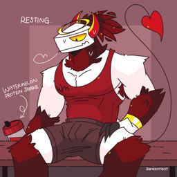 2_horns anthro bench biped bodily_fluids bottomwear bracelet breath clothed clothed_anthro clothed_male clothing container directional_arrow flesh_fang front_view fully_clothed fully_clothed_anthro fully_clothed_male fur hair halo hand_on_leg hand_on_own_leg hand_on_own_thigh hand_on_thigh head_horn horn jewelry male mouth_closed muscular muscular_anthro muscular_male on_bench pupils purple_background purple_bottomwear purple_clothing purple_shorts red_body red_clothing red_eyes red_fur red_hair red_shirt red_tank_top red_topwear shirt shorts simple_background sitting sitting_on_bench slit_pupils snout solo spade_tail sweat sweatdrop sweaty_face tail tank_top text topwear white_body yellow_pupils skykdotidot karma_(skykdotidot) unknown_species 1:1 2024 artist_name digital_drawing_(artwork) digital_media_(artwork) english_text hi_res portrait three-quarter_portrait