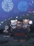 anthro candy carrying_another cotton_candy dessert detailed_background festival fireworks food group kemono male night outside scar young young_anthro sayolino kumalino sanrio brew_(kumalino) drip_(kumalino) roast_(kumalino) syrup_(kumalino) bear mammal 2023 absurd_res hi_res