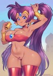 big_breasts biped blue_eyes bodily_fluids bottomless breasts clothed clothing ear_piercing ear_ring female genitals glistening glistening_breasts glistening_thighs hair humanoid_pointy_ears legwear looking_at_viewer not_furry outside piercing pointy_ears ponytail pubes pupils purple_hair pussy ring_piercing smile solo standing sweat sweaty_legs sweaty_thighs thick_thighs thigh_highs supersatanson shantae_(series) wayforward shantae genie humanoid absurd_res hi_res