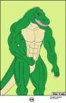 2012 abs absurd_res after_transformation anthro biceps claws comic crocodile crocodilian fangs flexing green_body green_skin hi_res male maxime-jeanne muscular muscular_anthro muscular_male nude pecs pose reptile scales scalie simple_background solo tail teeth text thick_tail transformation transformation_through_injection