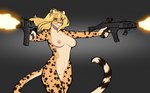 5_fingers anthro black_background black_spots blonde_hair blue_eyes breasts exposure_variation female fingers firing_weapon fur genitals gun hair holding_gun holding_object holding_ranged_weapon holding_weapon markings medium_breasts muzzle_flash nipples nude pink_nipples pussy ranged_weapon shooting_gun simple_background solo spots spotted_body spotted_fur standing weapon yellow_body yellow_fur ni70 lena_fluffy_(character) cheetah felid feline mammal 2023