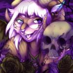 anthro blonde_hair bone dead_flower death eyewear female flower glasses hair holidays horn looking_at_viewer open_mouth plant rose_(flower) skull solo wings zingiber halloween demon felid mammal 1:1 2016 icon low_res