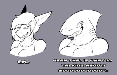 anthro breasts clothing comparison duo female fin gills grey_background hair one-piece_swimsuit sharp_teeth simple_background smile swimwear teeth text originalgrooverush aquatic fish shark bust_portrait english_text hi_res portrait unavailable_at_source