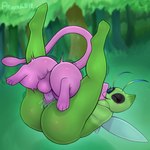 1:1 anthro balls big_butt blue_eyes blush bodily_fluids breasts butt celebi digital_media_(artwork) duo female floating forest forest_background from_front_position generation_1_pokemon generation_2_pokemon genital_fluids genitals hi_res larger_female legendary_pokemon male male/female male_penetrating mating_press mew_(pokemon) nature nature_background nintendo nude open_mouth penetration penis plant pokemon pokemon_(species) prozak514 pussy sex simple_background size_difference smaller_male smile tail thick_thighs thin_calves tree vaginal wings