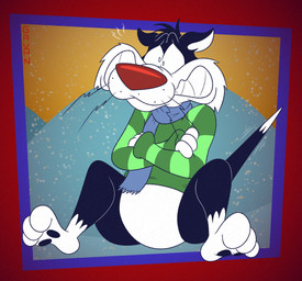 3_toes 4_fingers anthro belly bent_legs biped black_body black_eyes black_fur black_pawpads blue_scarf bottomless bottomless_anthro bottomless_male butt butt_from_the_front cheek_tuft clenched_teeth clothed clothing cold cross-eyed curvy_figure dipstick_tail ears_outwards erect_tail facial_tuft fangs feet fingers fur gloves_(marking) googly_eyes green_clothing green_sweater green_topwear head_tuft humanoid_heel knees_up leg_markings lines_drawn male markings orange_sky outside pattern_clothing pattern_sweater pattern_topwear pawpads pivoted_ears plantigrade pose red_nose scarf shaking sharp_teeth shivering sitting sky slightly_chubby slightly_chubby_anthro slightly_chubby_male snow socks_(marking) soles solo striped_clothing striped_sweater striped_topwear stripes sweater tail tail_markings teeth toes toony topwear tuft whisker_spots whiskers white_belly white_body white_feet white_fur white_hands white_sclera white_tail_tip wide_eyed wide_hips wrapped_arms gavanzude looney_tunes warner_brothers sylvester_(looney_tunes) domestic_cat felid feline felis mammal tuxedo_cat 2025 alternate_version_at_paywall colored digital_drawing_(artwork) digital_media_(artwork) flat_colors hi_res pinup signature