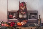 anthro appliance bottle clothed clothing container cooking cutlery female food fruit fungus garlic hair kitchen kitchen_appliance kitchen_knife kitchen_utensils knife mushroom plant solo stove tomato tools vegetable drawing_sofa felid feline lynx mammal