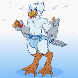 anthro blue_diaper blush clean_diaper diaper eating feet food fries male membrane_(anatomy) toes webbed_feet steviechu avian bird gull lari larid 1:1 hi_res